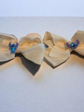 Cream Ribbon Hair Bows with Blue Character Accent - Kids Hair Accessories